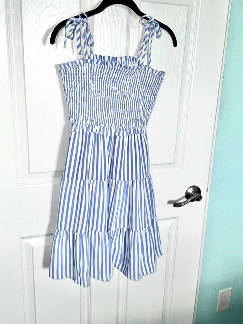 blue and white striped dress
